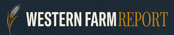 Western Farm Report logo — wheat stalk illustration with wordmark on dark slate background